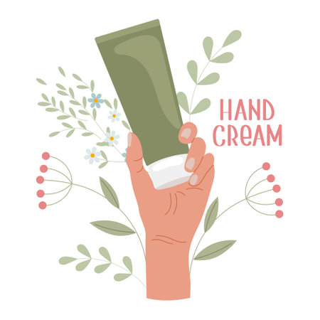 Hand holding a tube of cream, lotion, gel, lotion, cream, lotion. Vector illustration.のイラスト素材
