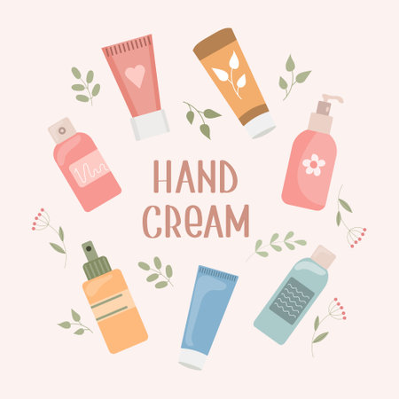 A set of hand creams. Routine skin care. Daily organic cosmetics. Flat illustration. vectorのイラスト素材