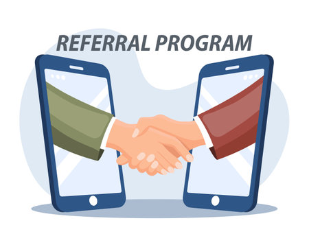Refer a Friend or Referral Marketing concept. Business people shake hands in a smartphone. Social media marketing for friends. banner template. Vector.のイラスト素材