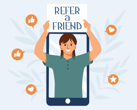 Refer to friend marketing concept. The person on the phone invites to the referral program. Social communication, social media marketing for friends. Landing page template. Vector.のイラスト素材