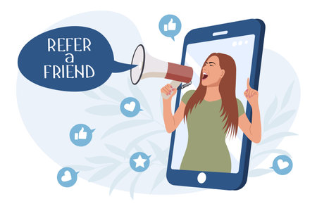 Refer to friend marketing concept. A woman with a megaphone invites friends to a referral program. Social media marketing for friends. Landing page template. Vector.のイラスト素材