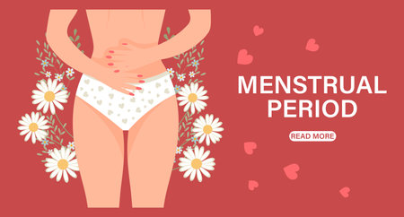 Menstrual period. Landing page template. Female body in panties with abdominal pain. Woman health concept with flowers. illustration, vectorのイラスト素材