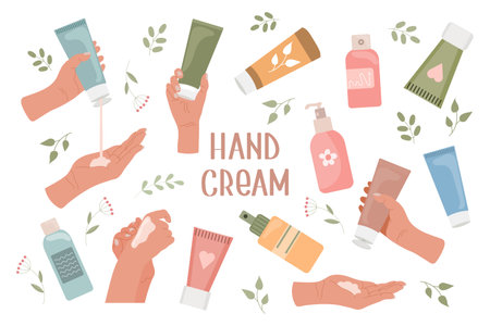 A set of female hands apply cream from a tube. Routine skin care. Daily organic cosmetics. Flat illustration. vectorのイラスト素材