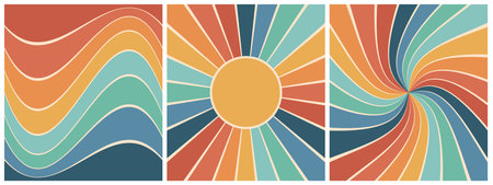 Set of colorful retro boho backgrounds with rainbow and sun. Trendy groovy print design for posters,...