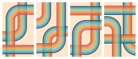 Set of geometric retro backgrounds with rainbow. Trendy groovy print design for posters, cards. vectorのイラスト素材