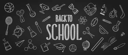 Back to school. Lettering and hand-drawn doodles, freehand school items on a sheet of notebook. vectorのイラスト素材