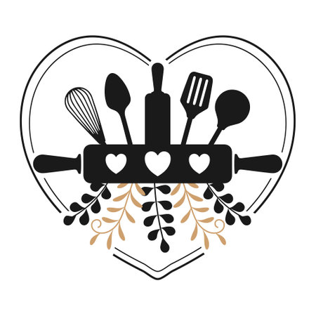 Kitchen utensils Monogram. Kitchen soon in the heart. Culinary logo Silhouette. illustration, vectorのイラスト素材