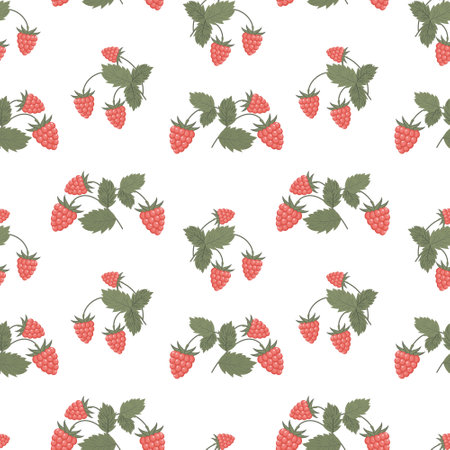 Seamless pattern, raspberries with twigs and leaves on a white background. Pastel colors. Fruit background, vectorのイラスト素材