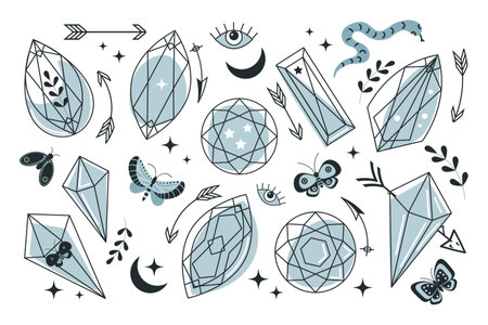 Set of line art minerals, crystals, eyes, gems, moths, butterflies, moon, stars. Magic fairy tale on the theme of Halloween. Magic elements. vectorのイラスト素材