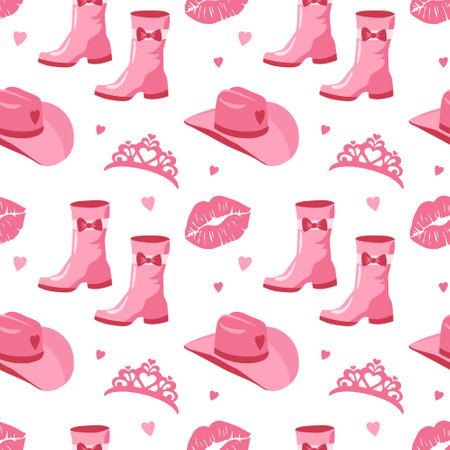 Cute pink seamless pattern with princess wardrobe details, crown, shoes, cowboy hat, kiss. Beautiful girlish wallpaper. vectorのイラスト素材