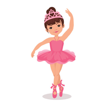 Cute little pink princess ballerina. Doll in a pink crown and dress. baby illustration, vectorのイラスト素材