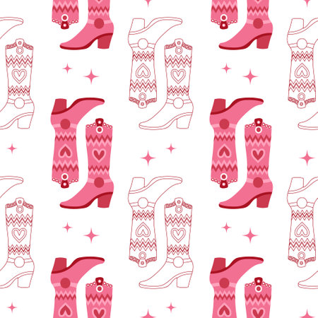 Retro seamless pattern with Cowgirl pink cowboy boots. Print in the style of the Wild West for textiles, wrapping paper, packaging. vectorのイラスト素材