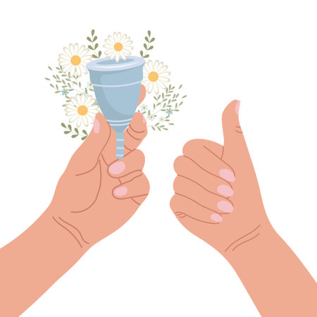 Feminine hygiene. Menstrual cup in hand and sign of approval. Protection for a woman in critical days. vectorのイラスト素材