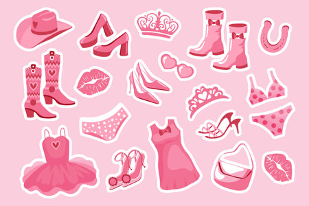 Barbiecore Princess sticker set. Pink fashion set, accessories and clothes for a pink doll. Crown, dress, shoes, cowboy hat, boots, bag, glasses. vectorのイラスト素材