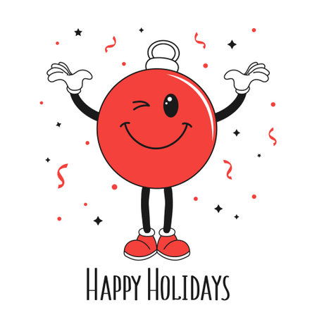 Retro Groovy hippie character of merry christmas toy ball with Happy Holidays calligraphy. Christmas Holiday card in trendy cartoon style. vectorのイラスト素材