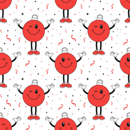 Seamless pattern, retro hippie character of a cheerful Christmas ball. Christmas print, background in cartoon style. vectorのイラスト素材