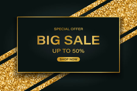 Luxury discount banner with gold frames and glitter. Big sale, super offer. Template, brochure, vectorのイラスト素材