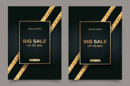 Set of luxury discount banners with gold frames and glitter. Big sale, super offer. Templates, brochures, vectorのイラスト素材