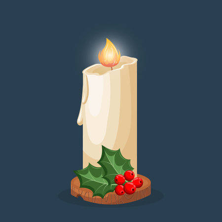 Christmas candle with holly berry on dark background. Vector illustration.のイラスト素材