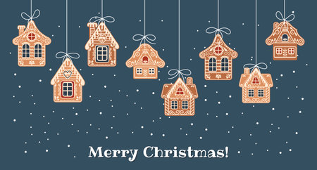 Christmas background with hanging cute gingerbread houses in the snow, greeting card template. Illustration in flat style. Vectorのイラスト素材