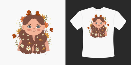 T-shirt design with cute little girl in flowers. Cartoon drawing of a portrait of a girl on a t-shirt. Print for clothes. Illustration, vectorのイラスト素材
