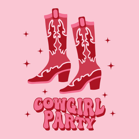 Cowboy boots with ornament. Pink Western Cowgirl boots and Cowgirl party text. Illustration. Vectorのイラスト素材
