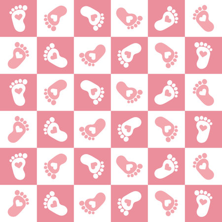 Seamless pattern, pink baby footprints, steps on a checkered background. Print, textile, background, vectorのイラスト素材