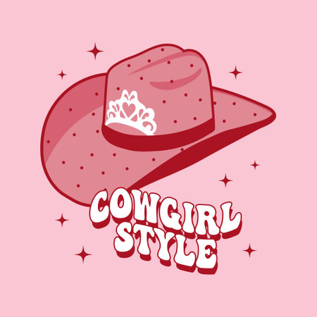 Cowboy hat with crown. Pink Western Cowgirl hat and text Cowgirl style. Illustration. Vectorのイラスト素材