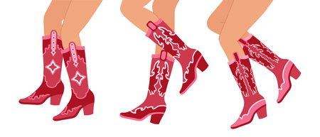 Set of legs in cowboy boots. Various cowgirl boots. Cowboy western theme, wild west, texas. Hand drawn color trendy illustration, vectorのイラスト素材