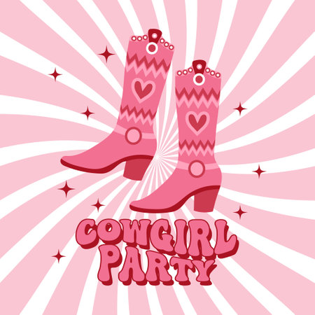 Cowboy boots with ornament. Pink Western Cowgirl boots and Cowgirl party text. Illustration. Vectorのイラスト素材