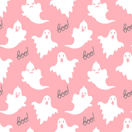 Seamless pattern, cute ghosts and the word "boo" on a pink background. Halloween print, background, textile, vectorのイラスト素材