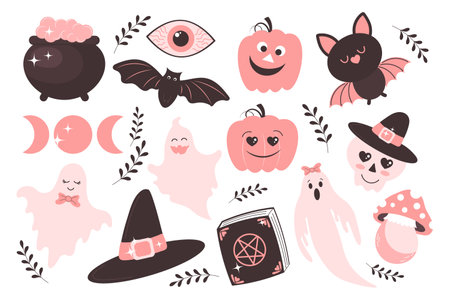 Halloween baby set with pink elements. Halloween stickers, ghosts, bats, magic pot, moon, pumpkins, eye, book and skull. Cartoon design in flat style. Vectorのイラスト素材
