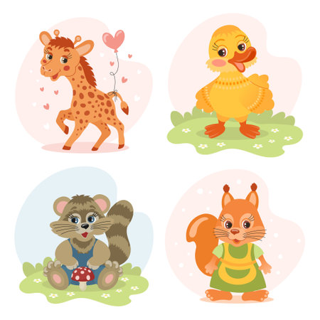 Set of cute cartoon little animal characters, giraffe, teddy bear, squirrel, chicken, duckling, raccoon, hedgehog, wolf, beaver. Illustrations in flat style. Children's print, postのイラスト素材