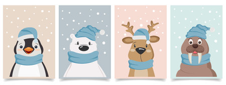 Set of four cute little kawaii cartoon arctic animals wearing scarves and hats in the snow. Polar bear, fawn, walrus, penguin. Posters or postcard designs. Vectorのイラスト素材