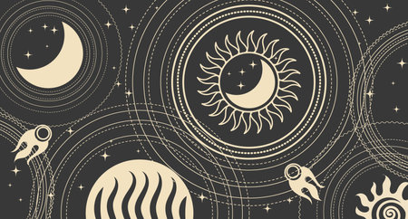 Astrological background in boho style, golden mystical esoteric symbols of the moon, sun, stars on a dark background. Print, astronomical background. Vectorのイラスト素材