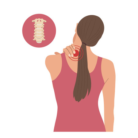 Woman with pain in the cervical and lumbar vertebrae. Back pain, muscle pain, osteoarthritis, rheumatoid arthritis. Medicine. Illustration, vectorのイラスト素材