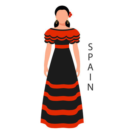 Woman in Spanish national traditional dress. Culture and retro traditions of Spain. Illustration, template, vectorのイラスト素材