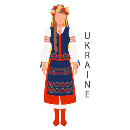 A woman in Ukrainian national traditional costume. Culture and retro traditions of Ukraine. Illustration, template, vectorのイラスト素材