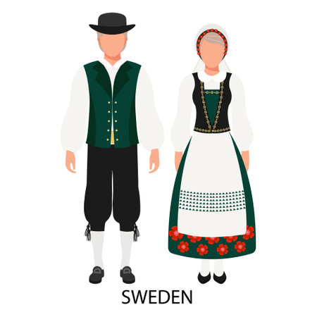 A man and a woman in Swedish national customs. Culture and traditions of Sweden. Illustration, vectorのイラスト素材