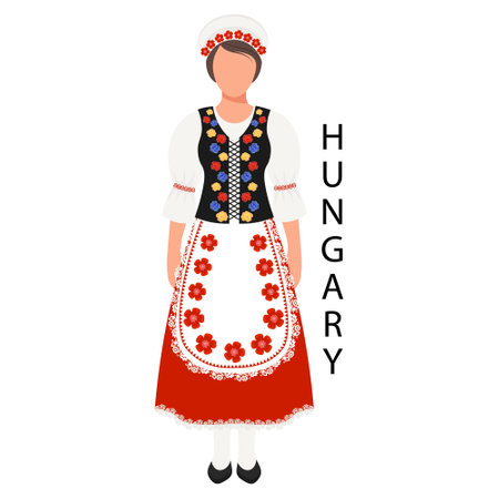 A woman in a Hungarian folk costume and headdress. Culture and traditions of Hungary. Illustration, vectorのイラスト素材