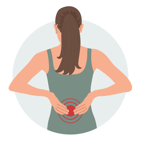 Woman with pain in the cervical and lumbar vertebrae. Back pain, muscle pain, osteoarthritis, rheumatoid arthritis. Medicine. Illustration, vectorのイラスト素材