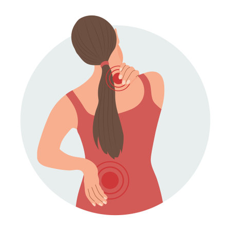 Woman with pain in the cervical and lumbar vertebrae. Back pain, muscle pain, osteoarthritis, rheumatoid arthritis. Medicine. Illustration, vectorのイラスト素材