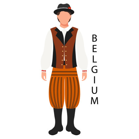 A man in a Belgian folk costume and headdress. Culture and traditions of Belgium. Illustration, vectorのイラスト素材