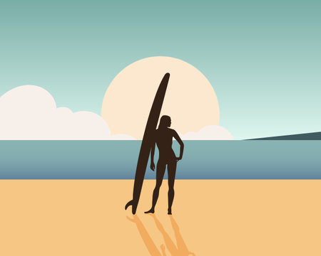 Girl surfer on the seashore with a surfboard on the seashore. Sports and recreation. Illustration, vectorのイラスト素材