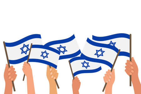 Many hands with Israeli flags. Israel Independence Day. Illustration, vectorのイラスト素材