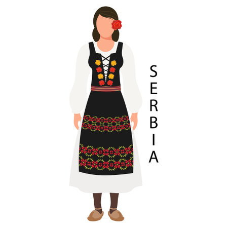 Woman in Serbian folk retro costume. Culture and traditions of Serbia. Illustration, vectorのイラスト素材