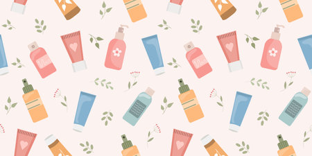 Seamless pattern of hand and face creams, organic cosmetics. Skin care background. Print, wallpaper. Vectorのイラスト素材