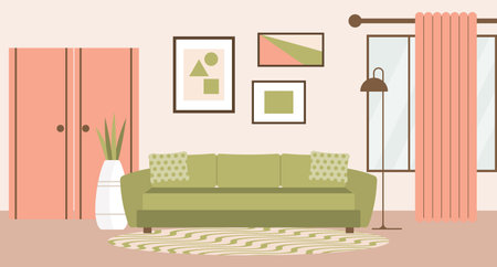 Living room with sofa, house plants, bedside table, window with curtains, bookcase and paintings on the wall. Flat interior in minimal style, vectorのイラスト素材