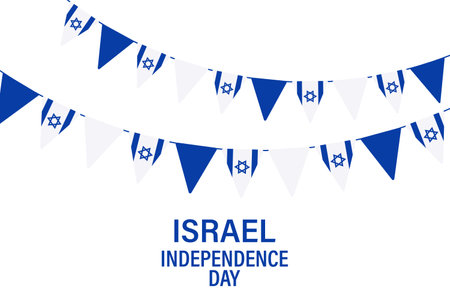 Israel Independence Day. Banner with a garland of blue and white flags and confetti, Israeli flags. Illustration, vectorのイラスト素材