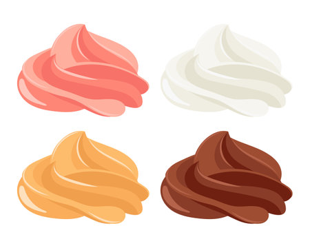 Creamy swirl set. Whipped cream, mousse. Strawberry, chocolate, vanilla and caramel cream. Dessert illustration in cartoon flat style. Food icon. Vectorのイラスト素材